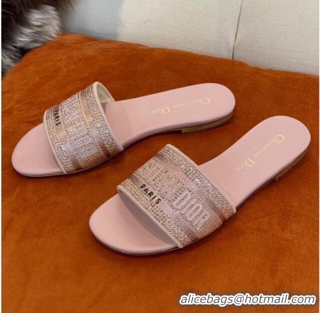 Popular Style Dior Dway Flat Slide Sandals in Crystal Embroidery Pink 032542