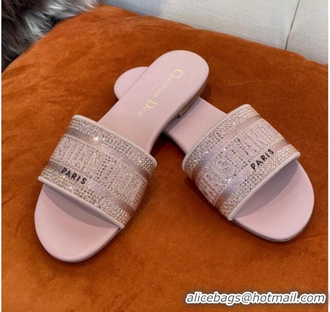 Popular Style Dior Dway Flat Slide Sandals in Crystal Embroidery Pink 032542