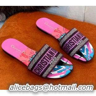 Low Cost Dior Dway Flat Slide Sandals in Purple Multicolor D-Flower Pop Cotton Embroidery 032544