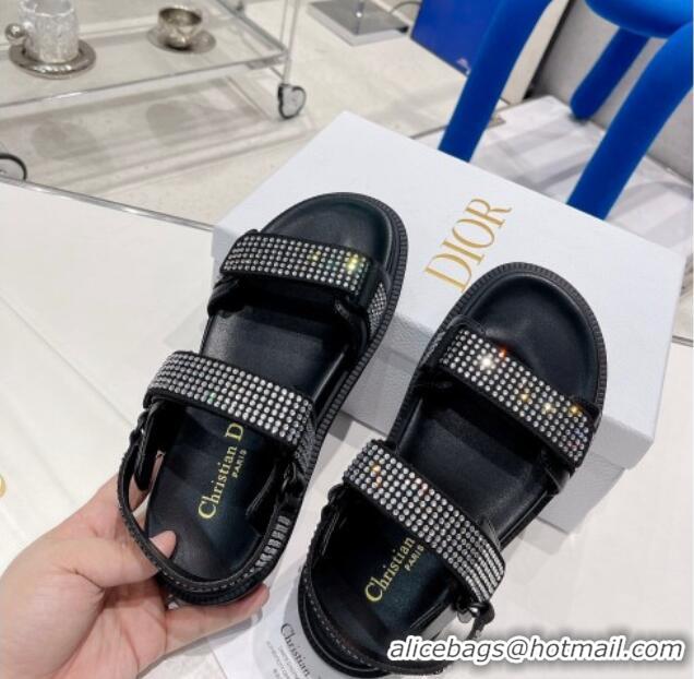 Discount Dior DiorAct Lambskin and Crytsal Flat Strap Sandals Black 0328103