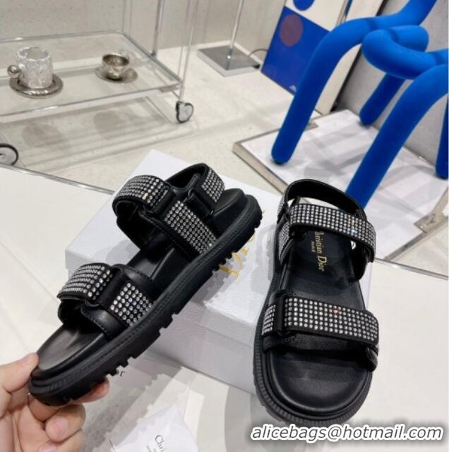 Discount Dior DiorAct Lambskin and Crytsal Flat Strap Sandals Black 0328103