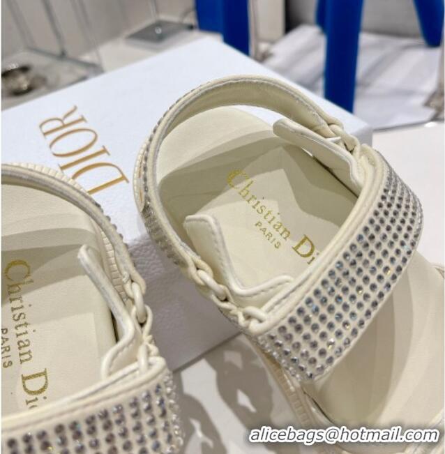 Grade Dior DiorAct Lambskin and Crytsal Flat Strap Sandals White 0328104