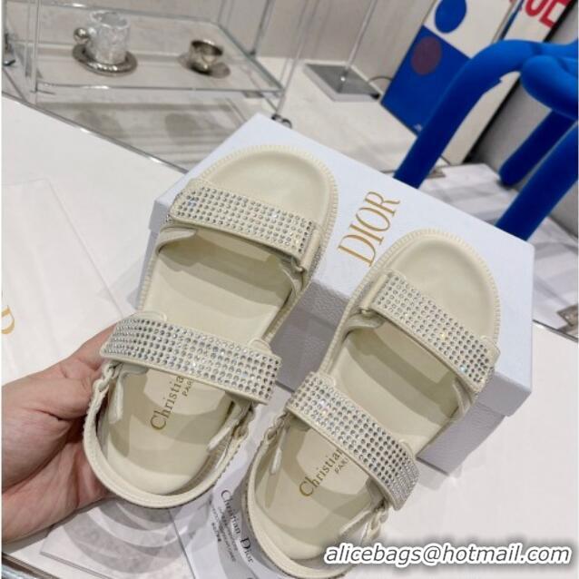 Grade Dior DiorAct Lambskin and Crytsal Flat Strap Sandals White 0328104