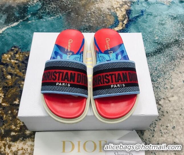 Lowest Price Dior Dway Flat Slide Sandals in Red Multicolor D-Flower Pop Cotton Embroidery 041278