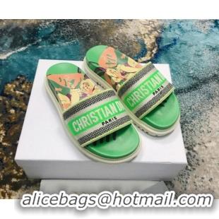 Sumptuous Dior Dway Flat Slide Sandals in Green Multicolor D-Flower Pop Cotton Embroidery 041280