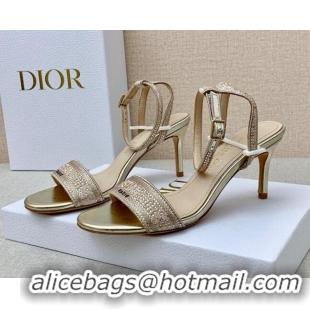 Top Grade Dior Dway Medium Heel Sandals 7.5cm in Gold Cotton Embroidered with Metallic Thread and Crystal 042214