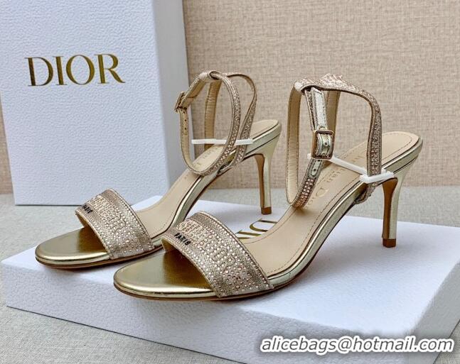 Top Grade Dior Dway Medium Heel Sandals 7.5cm in Gold Cotton Embroidered with Metallic Thread and Crystal 042214