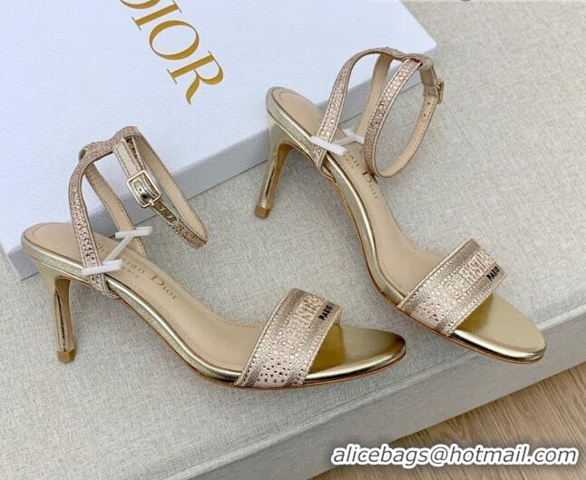 Top Grade Dior Dway Medium Heel Sandals 7.5cm in Gold Cotton Embroidered with Metallic Thread and Crystal 042214