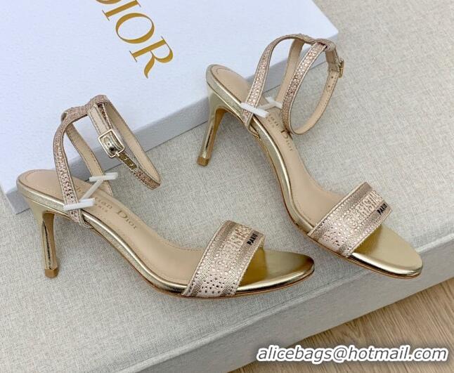 Top Grade Dior Dway Medium Heel Sandals 7.5cm in Gold Cotton Embroidered with Metallic Thread and Crystal 042214