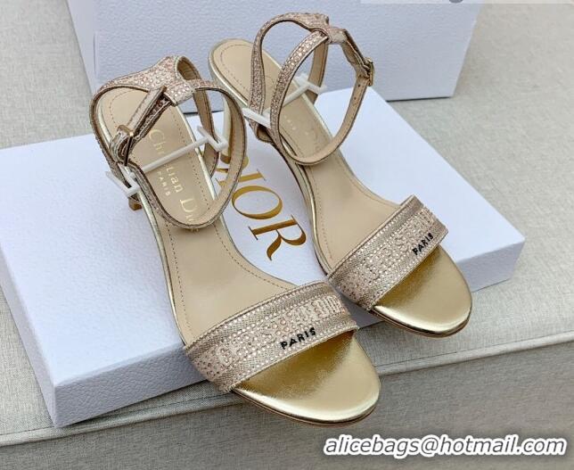 Top Grade Dior Dway Medium Heel Sandals 7.5cm in Gold Cotton Embroidered with Metallic Thread and Crystal 042214