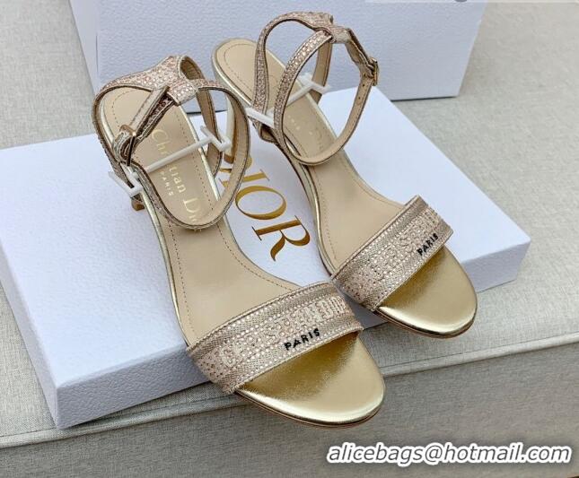 Top Grade Dior Dway Medium Heel Sandals 7.5cm in Gold Cotton Embroidered with Metallic Thread and Crystal 042214