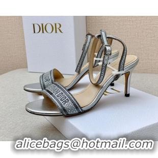 Good Looking Dior Dway Medium Heel Sandals 7.5cm in Silver Cotton Embroidered with Metallic Thread and Crystal 042215