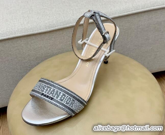 Good Looking Dior Dway Medium Heel Sandals 7.5cm in Silver Cotton Embroidered with Metallic Thread and Crystal 042215