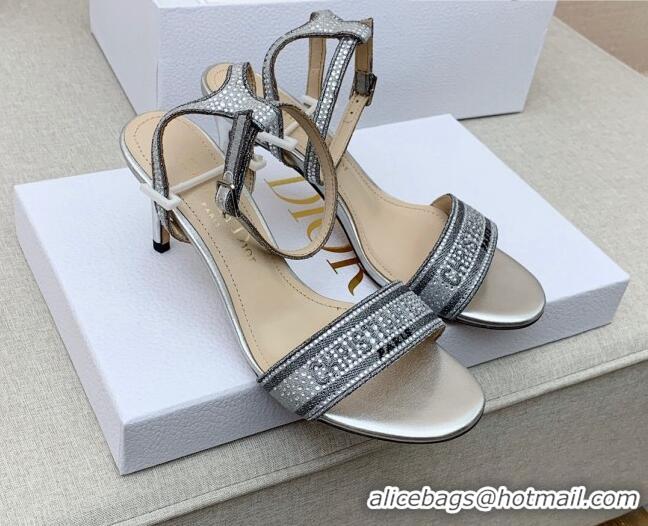 Good Looking Dior Dway Medium Heel Sandals 7.5cm in Silver Cotton Embroidered with Metallic Thread and Crystal 042215