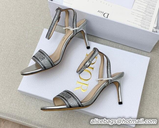 Good Looking Dior Dway Medium Heel Sandals 7.5cm in Silver Cotton Embroidered with Metallic Thread and Crystal 042215