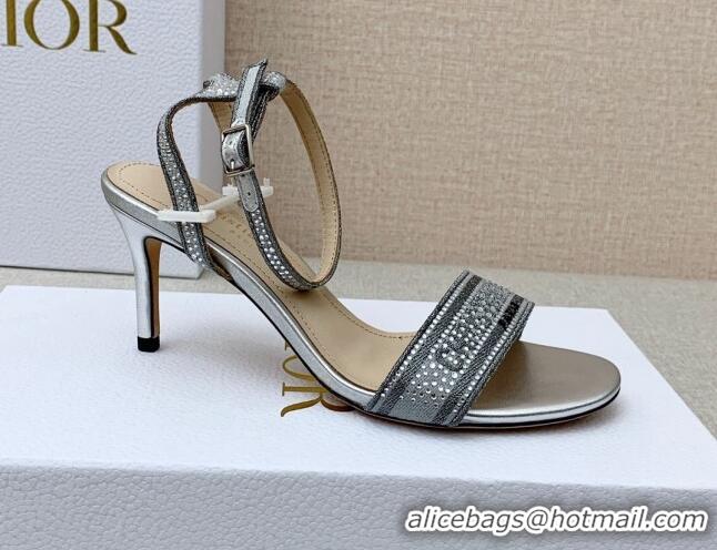 Good Looking Dior Dway Medium Heel Sandals 7.5cm in Silver Cotton Embroidered with Metallic Thread and Crystal 042215