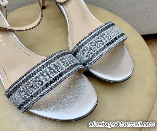 Good Looking Dior Dway Medium Heel Sandals 7.5cm in Silver Cotton Embroidered with Metallic Thread and Crystal 042215