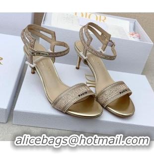 Good Quality Dior Dway Medium Heel Sandals 6.5cm in Gold Cotton Embroidered with Metallic Thread and Crystal 042216