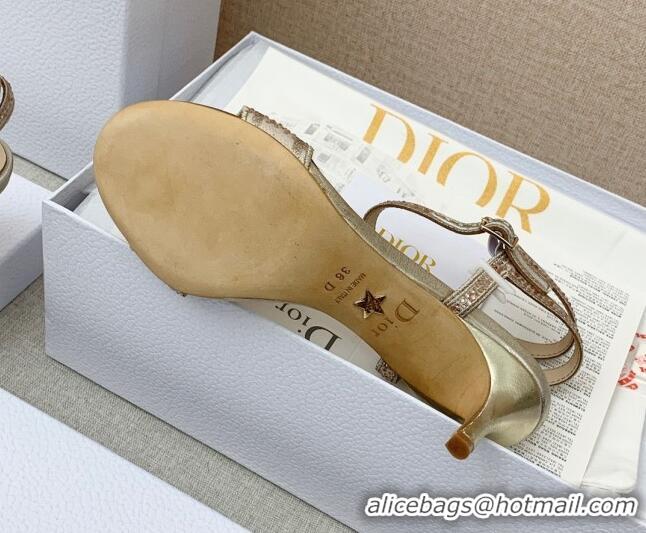 Good Quality Dior Dway Medium Heel Sandals 6.5cm in Gold Cotton Embroidered with Metallic Thread and Crystal 042216