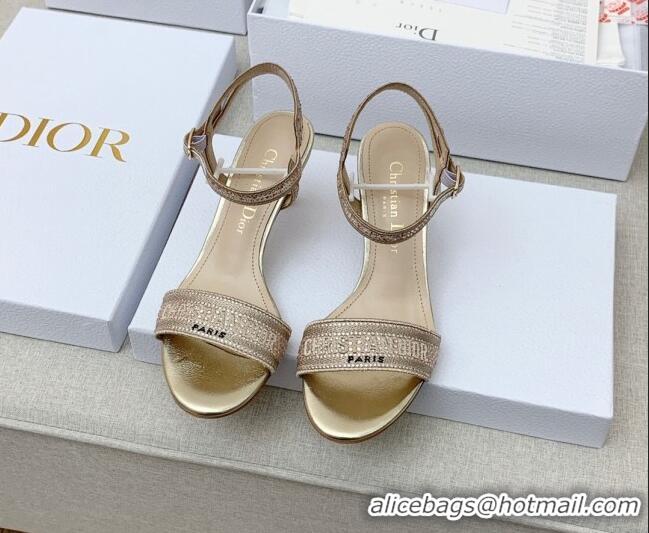 Good Quality Dior Dway Medium Heel Sandals 6.5cm in Gold Cotton Embroidered with Metallic Thread and Crystal 042216