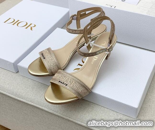 Good Quality Dior Dway Medium Heel Sandals 6.5cm in Gold Cotton Embroidered with Metallic Thread and Crystal 042216