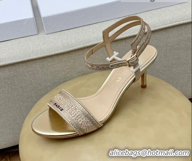 Good Quality Dior Dway Medium Heel Sandals 6.5cm in Gold Cotton Embroidered with Metallic Thread and Crystal 042216