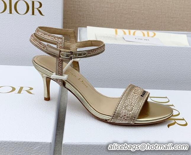 Good Quality Dior Dway Medium Heel Sandals 6.5cm in Gold Cotton Embroidered with Metallic Thread and Crystal 042216