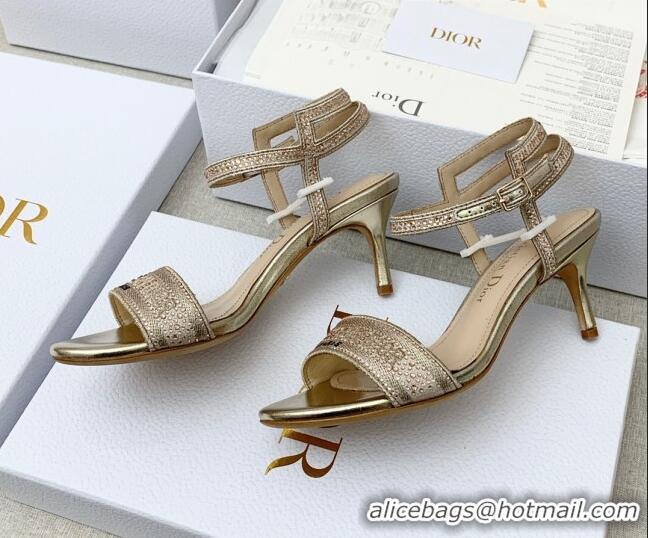 Good Quality Dior Dway Medium Heel Sandals 6.5cm in Gold Cotton Embroidered with Metallic Thread and Crystal 042216