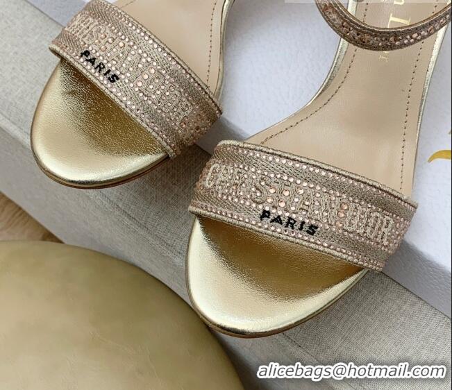 Good Quality Dior Dway Medium Heel Sandals 6.5cm in Gold Cotton Embroidered with Metallic Thread and Crystal 042216