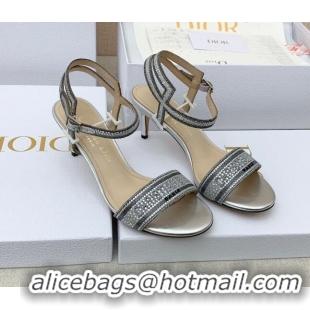 Best Product Dior Dway Medium Heel Sandals 6.5cm in Silver Cotton Embroidered with Metallic Thread and Crystal 042217