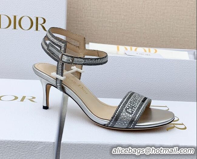 Best Product Dior Dway Medium Heel Sandals 6.5cm in Silver Cotton Embroidered with Metallic Thread and Crystal 042217