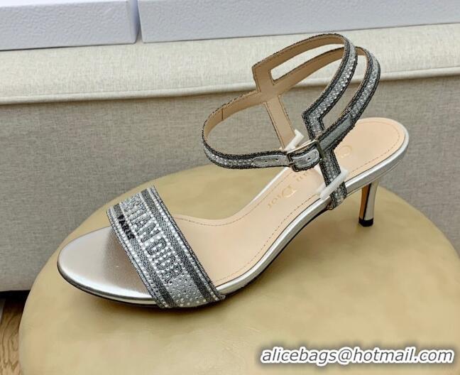 Best Product Dior Dway Medium Heel Sandals 6.5cm in Silver Cotton Embroidered with Metallic Thread and Crystal 042217