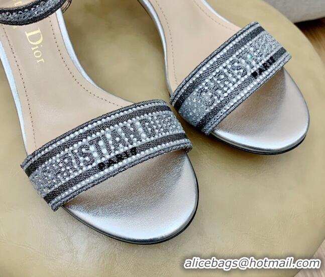 Best Product Dior Dway Medium Heel Sandals 6.5cm in Silver Cotton Embroidered with Metallic Thread and Crystal 042217