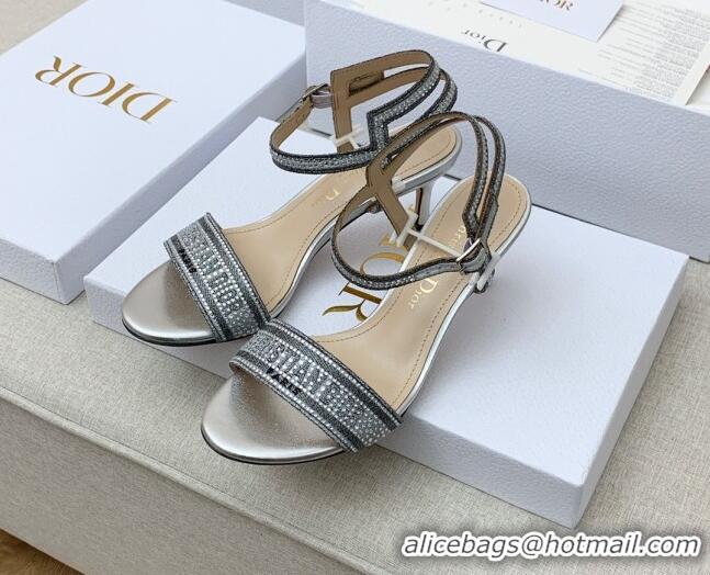 Best Product Dior Dway Medium Heel Sandals 6.5cm in Silver Cotton Embroidered with Metallic Thread and Crystal 042217