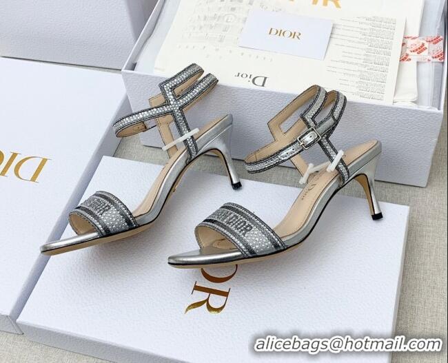 Best Product Dior Dway Medium Heel Sandals 6.5cm in Silver Cotton Embroidered with Metallic Thread and Crystal 042217