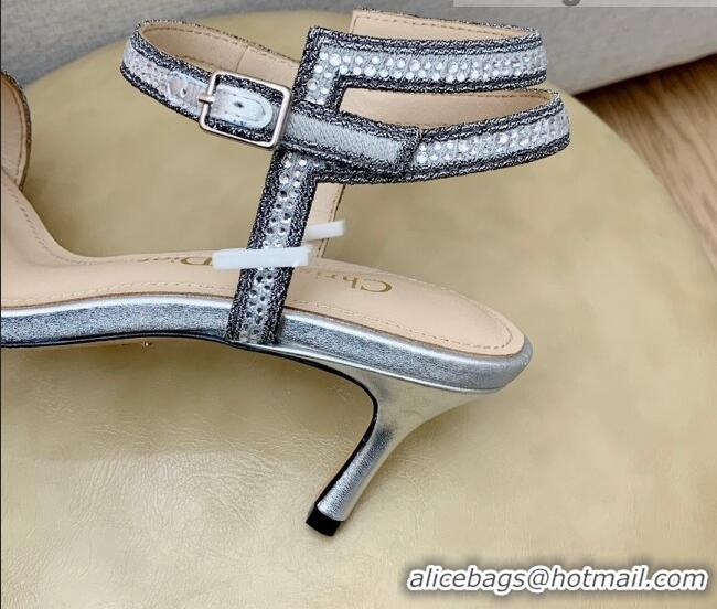 Best Product Dior Dway Medium Heel Sandals 6.5cm in Silver Cotton Embroidered with Metallic Thread and Crystal 042217