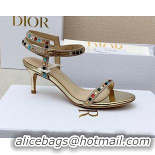 Duplicate Dior Dway Heel Sandals 6.5cm with Multicolor Square Crystal Gold 042218