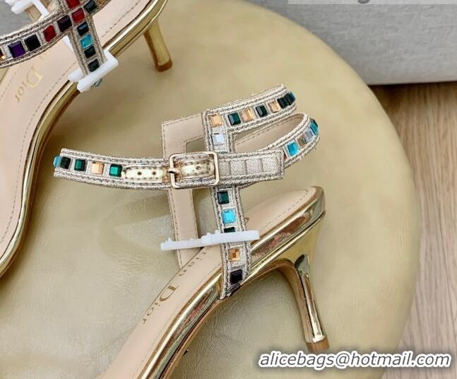 Duplicate Dior Dway Heel Sandals 6.5cm with Multicolor Square Crystal Gold 042218