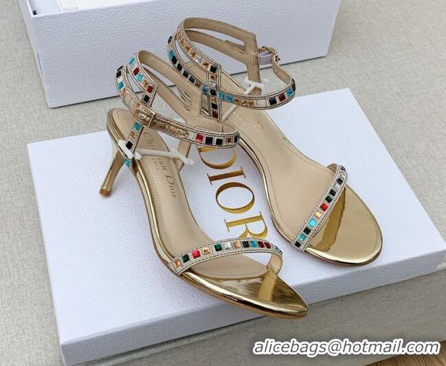 Duplicate Dior Dway Heel Sandals 6.5cm with Multicolor Square Crystal Gold 042218