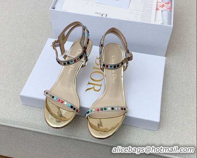 Duplicate Dior Dway Heel Sandals 6.5cm with Multicolor Square Crystal Gold 042218