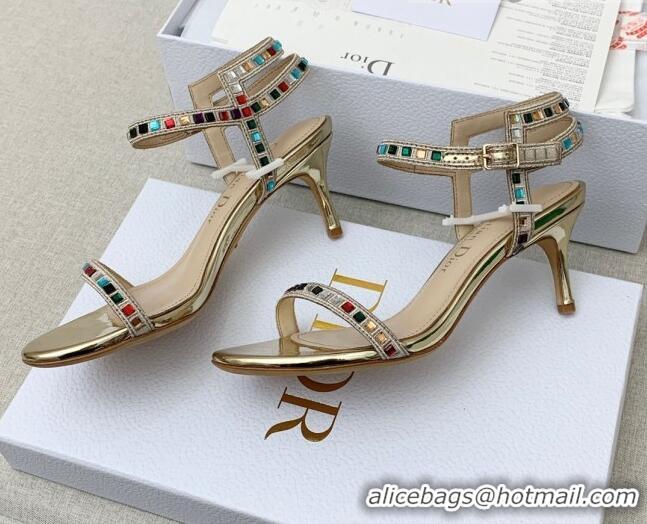 Duplicate Dior Dway Heel Sandals 6.5cm with Multicolor Square Crystal Gold 042218