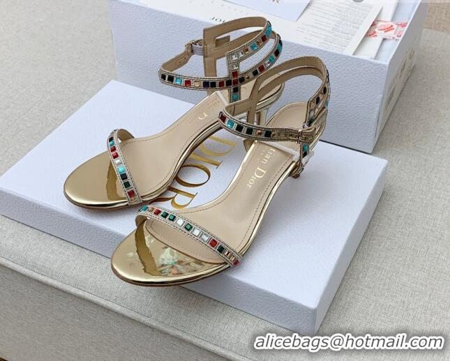 Duplicate Dior Dway Heel Sandals 6.5cm with Multicolor Square Crystal Gold 042218