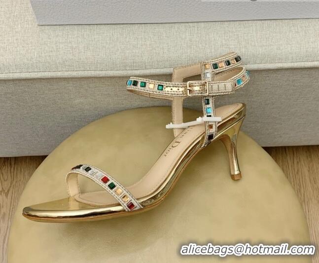 Duplicate Dior Dway Heel Sandals 6.5cm with Multicolor Square Crystal Gold 042218