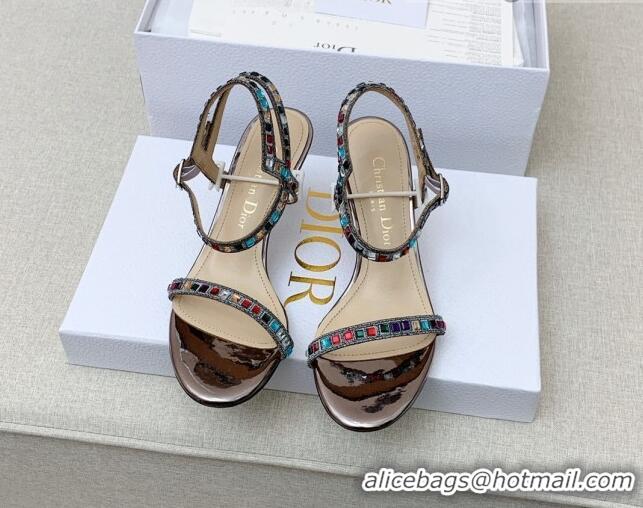 Grade Quality Dior Dway Heel Sandals 6.5cm with Multicolor Square Crystal Bronze 042219