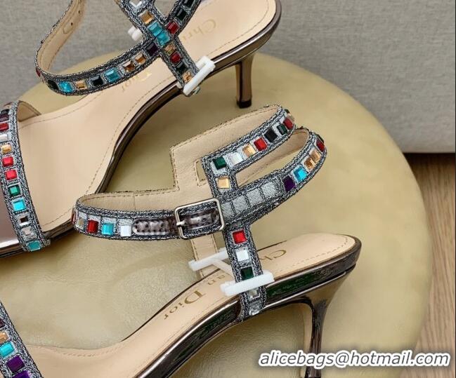 Grade Quality Dior Dway Heel Sandals 6.5cm with Multicolor Square Crystal Bronze 042219