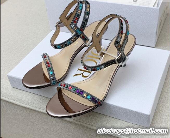 Grade Quality Dior Dway Heel Sandals 6.5cm with Multicolor Square Crystal Bronze 042219