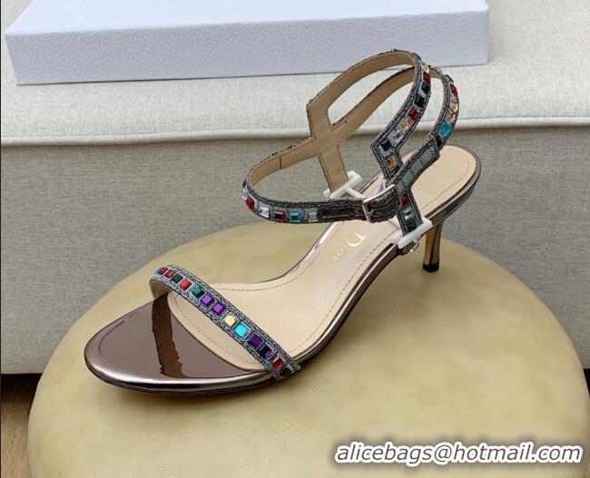 Grade Quality Dior Dway Heel Sandals 6.5cm with Multicolor Square Crystal Bronze 042219