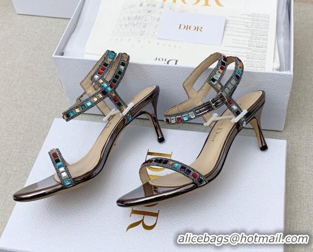 Grade Quality Dior Dway Heel Sandals 6.5cm with Multicolor Square Crystal Bronze 042219