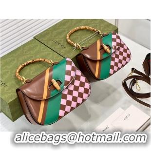 Good Quality Gucci Small top handle bag with Bamboo 675797 Pink plaid green and yellow print