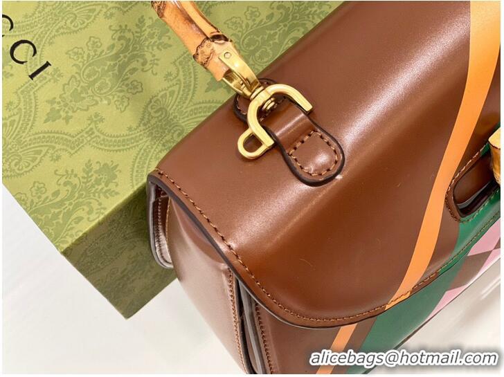 Good Quality Gucci Small top handle bag with Bamboo 675797 Pink plaid green and yellow print